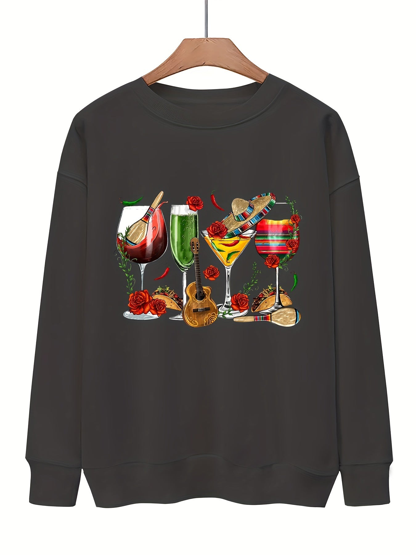 Wine Print Pullover Sweatshirt for Fall & Winter Women's Clothing