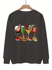 Wine Print Pullover Sweatshirt for Fall & Winter Women's Clothing