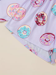 Donut Print Pajamas Set Short Sleeve Crew Neck Top & Shorts