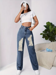 Ripped Holes Straight Jeans Loose Fit Slash Pockets