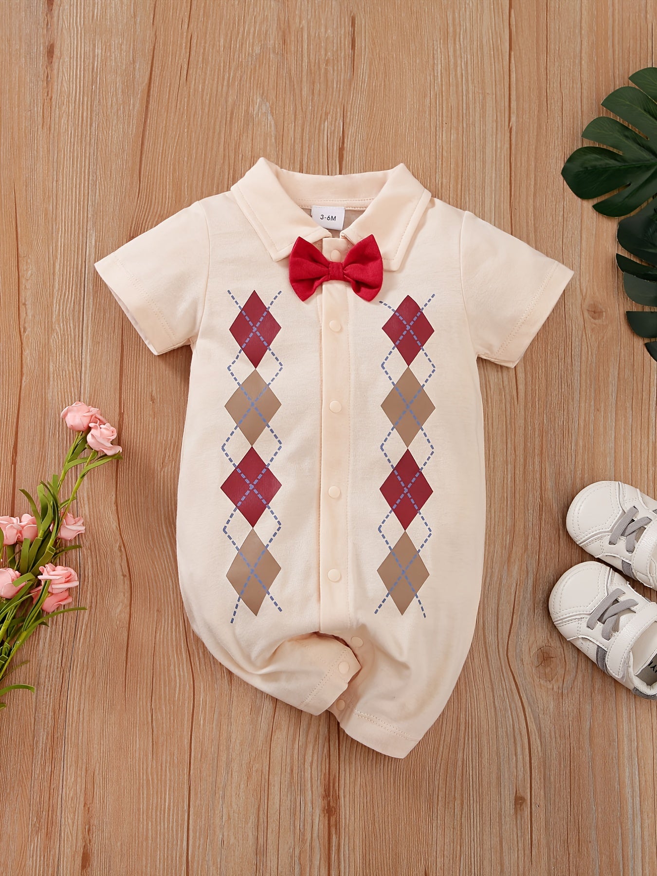 Baby Boys Geometric Cotton Bowtie Romper Jumpsuit