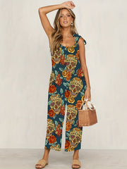 Floral & Skull Print Tied Cami Jumpsuit Casual Sleeveless Backless Jumpsuit