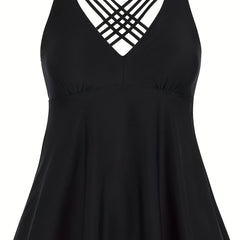 Modest Tankini Set V Neck Crisscross Back Top & Panty Swimsuit