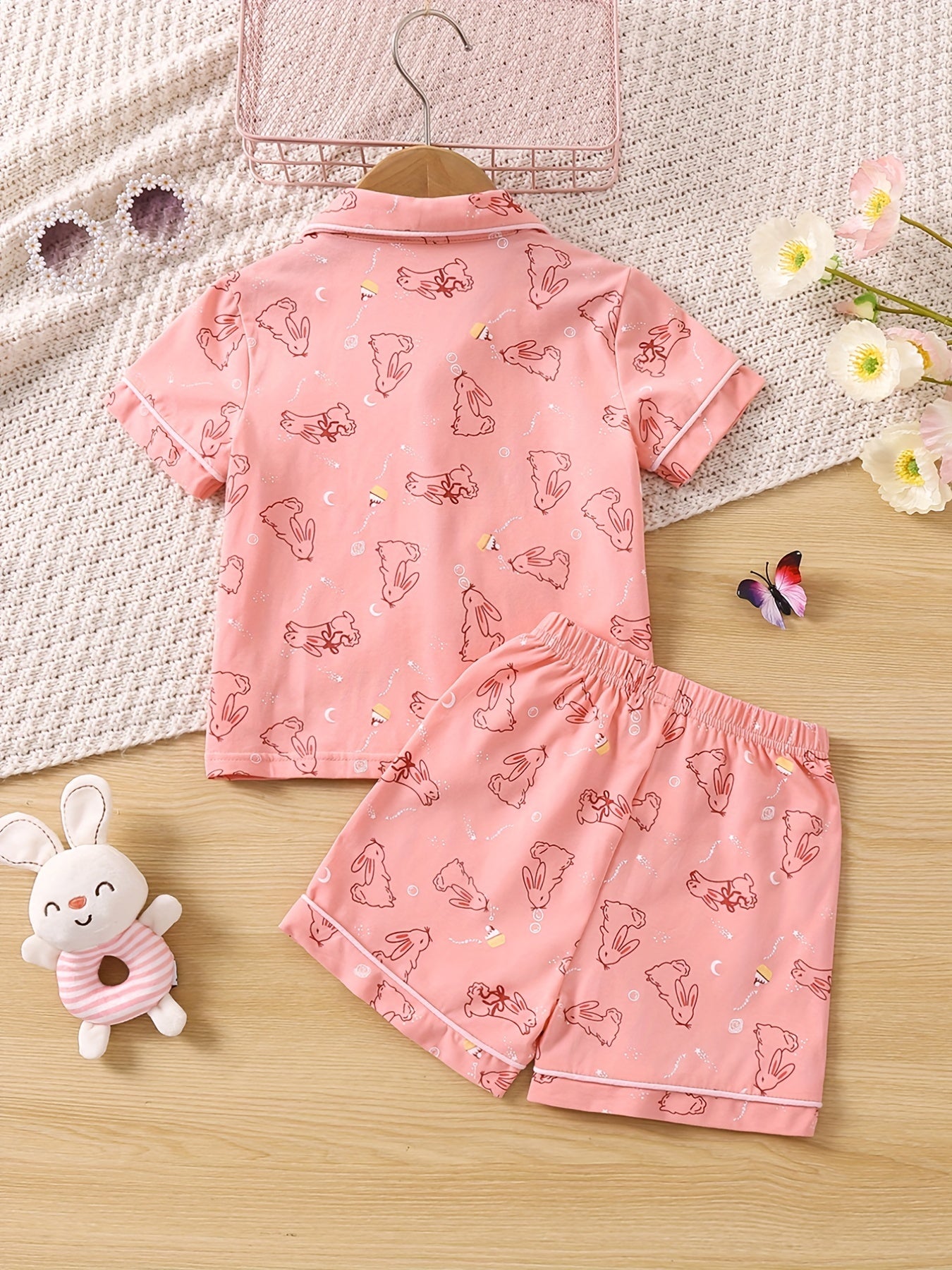 Toddler Girls Easter Rabbit Pajama Set V Neck Button Top & Shorts Sleepwear