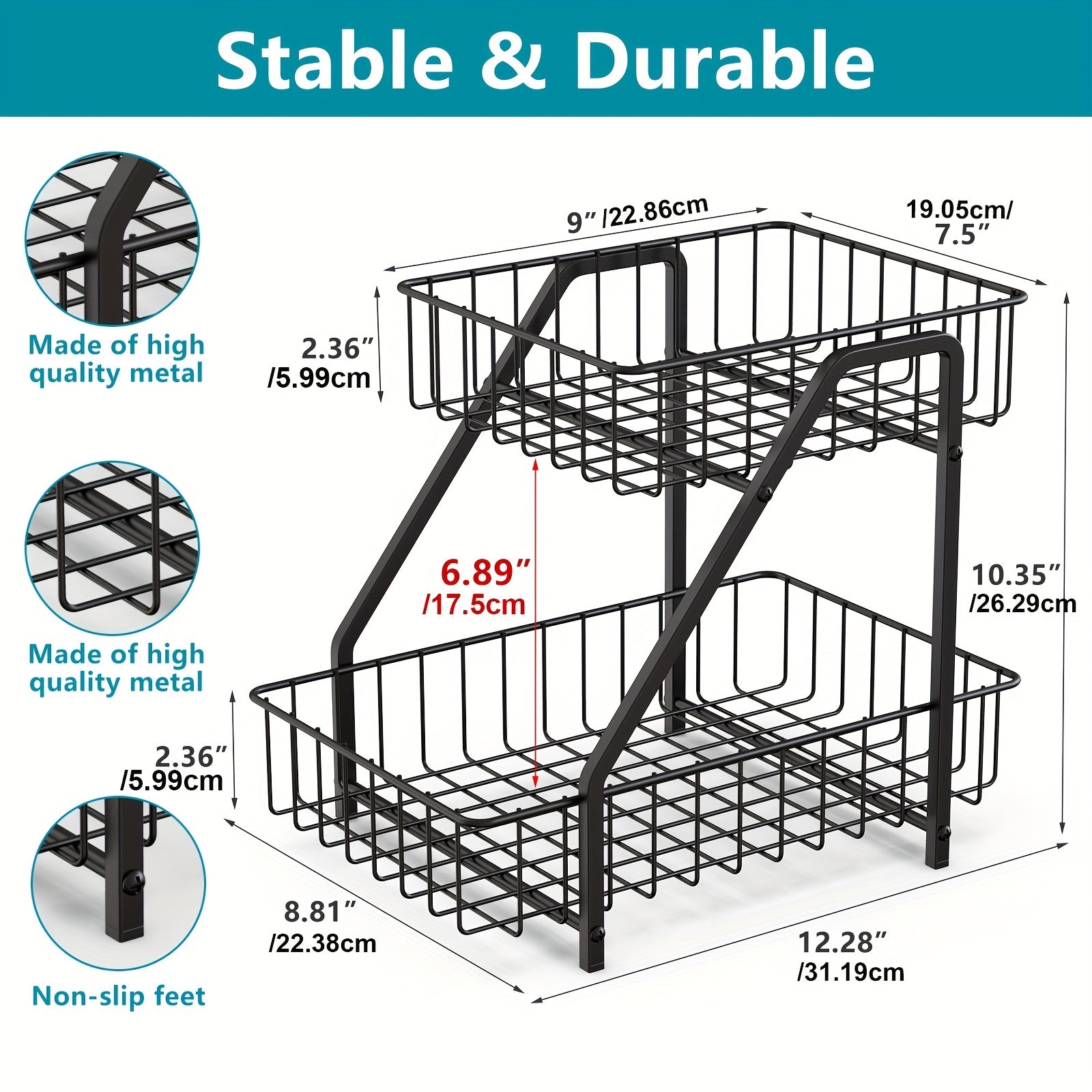 2 Tier Countertop Fruit Basket Bowl Metal Wire Storage Basket