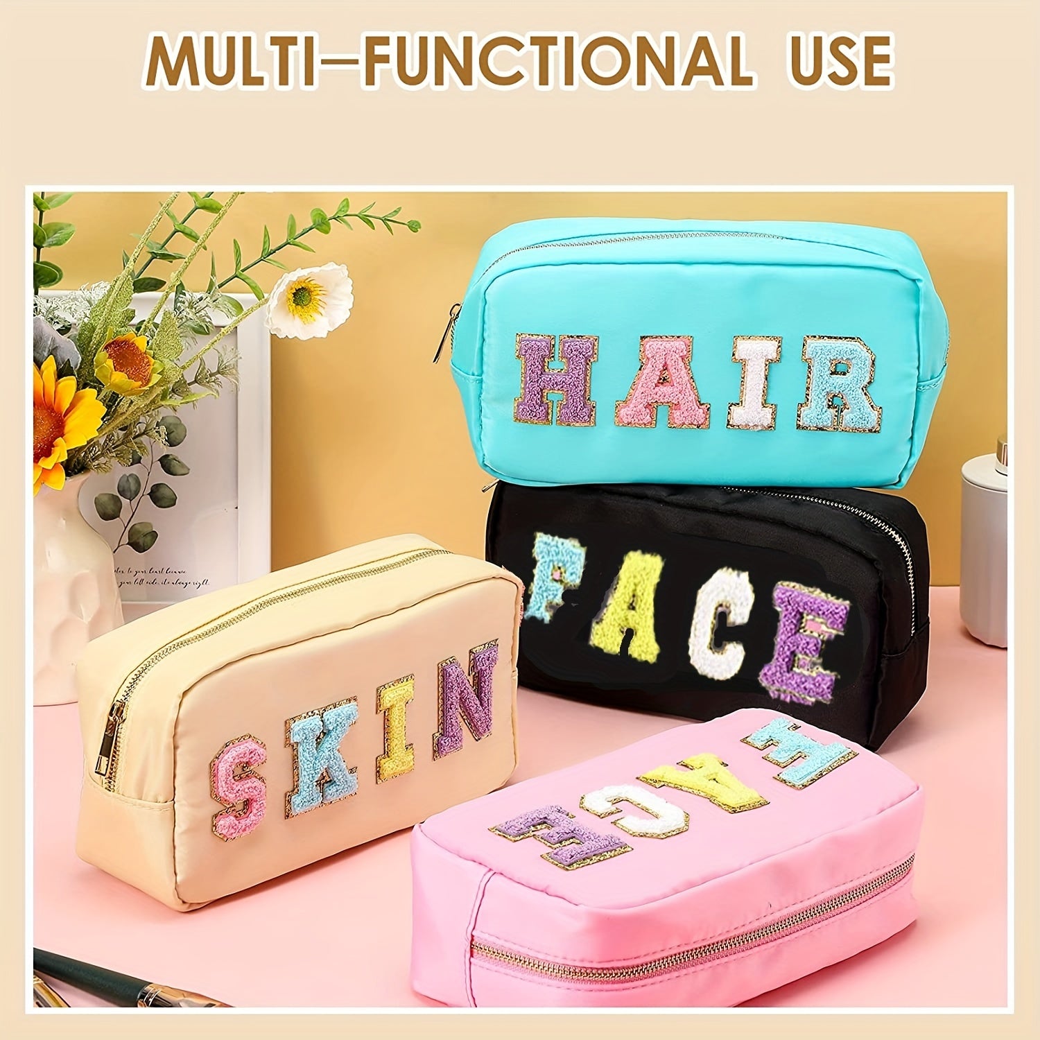 Preppy Patch Makeup Bag with Embroidered Letter