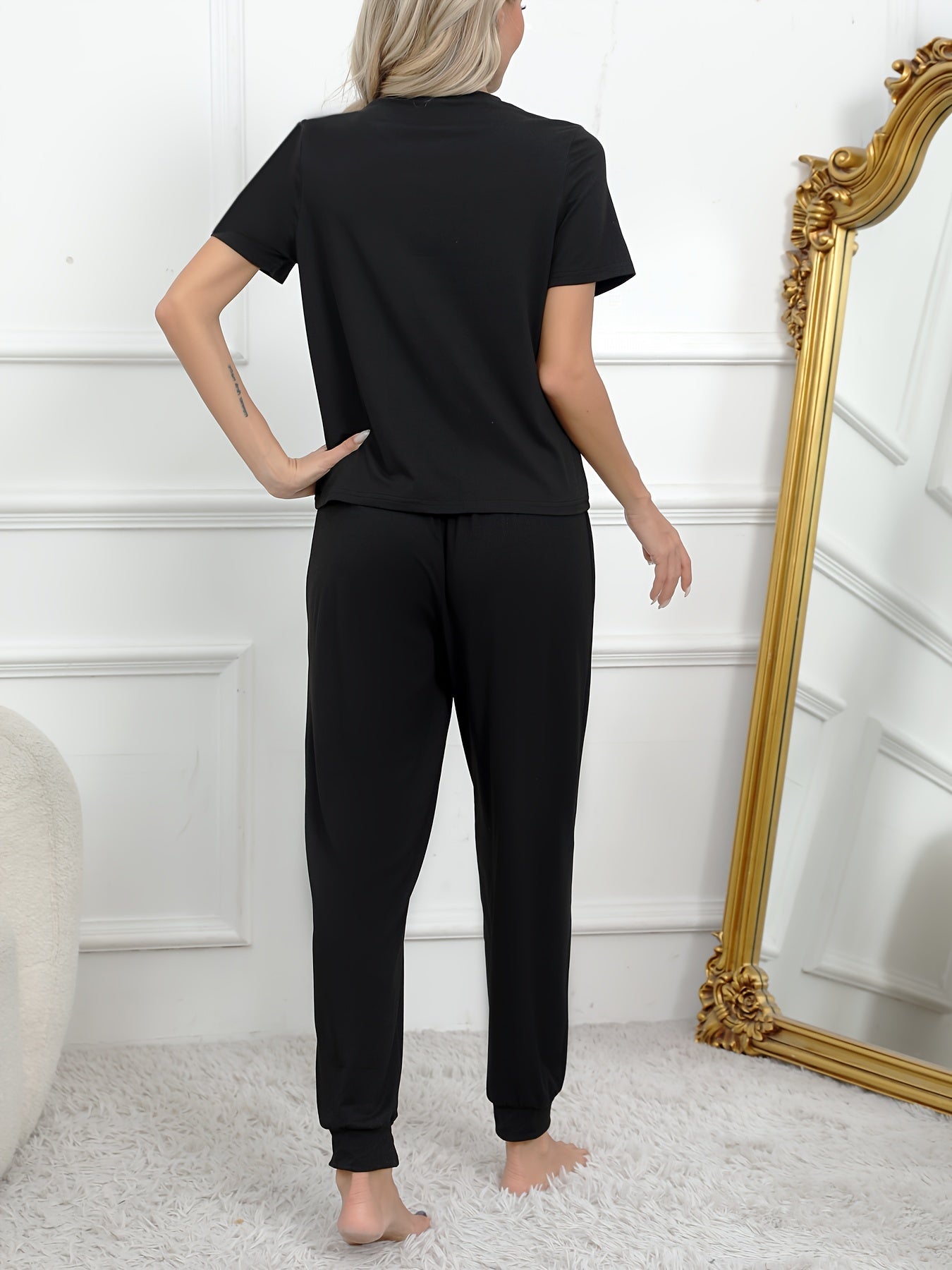 Letter Print Lounge Set Short Sleeve Crew Neck Top & Pants