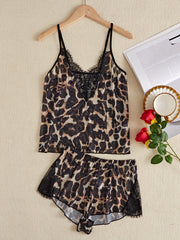 Lace Leopard Pajama Set V Neck Cami Top & Shorts Women's Sleepwear