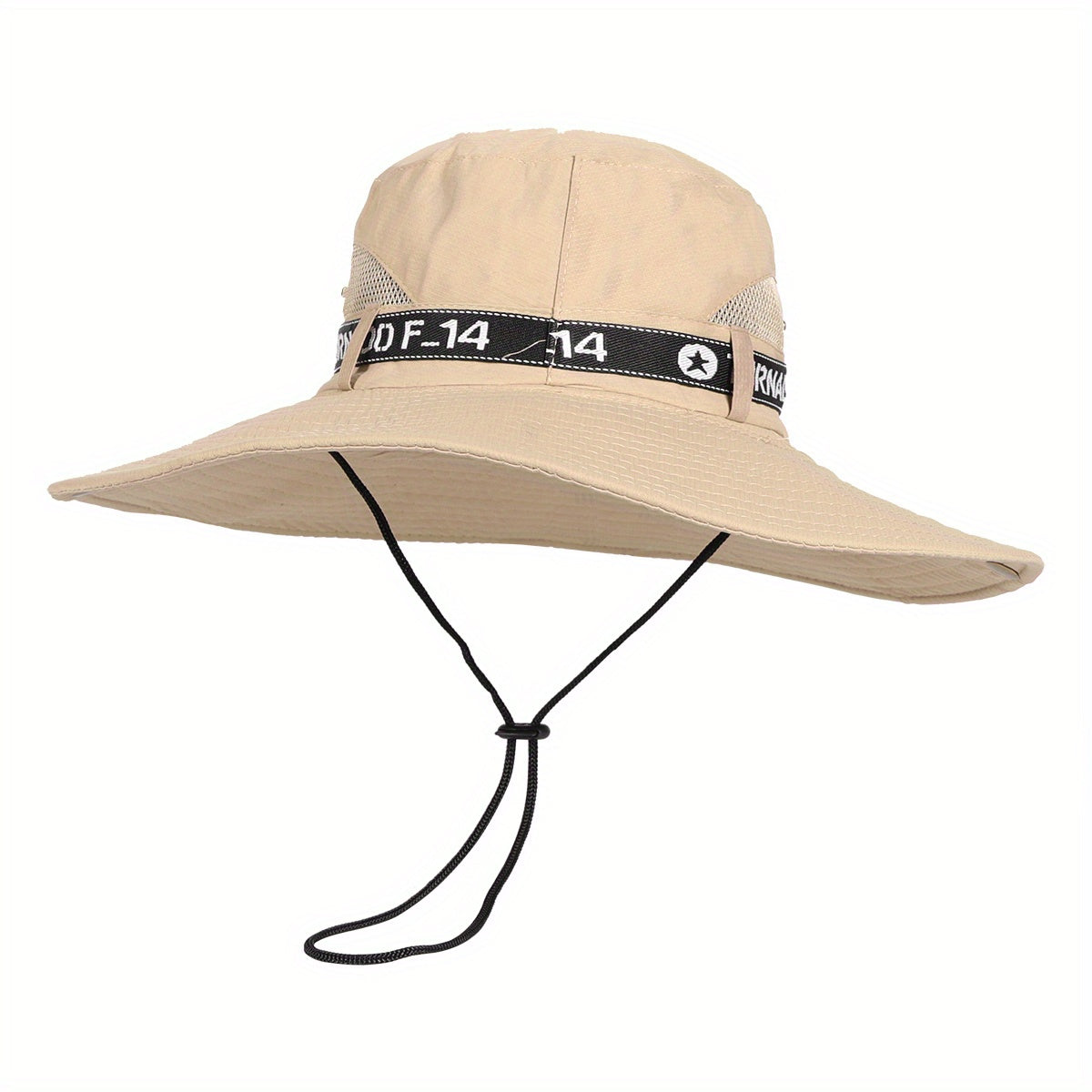 Khaki Wide Brim Bucket Hat Drawstring UV Protection Mesh Breathable Sun Hat
