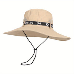 Khaki Wide Brim Bucket Hat Drawstring UV Protection Mesh Breathable Sun Hat