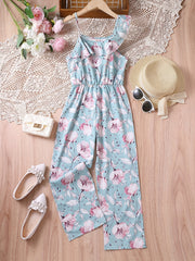 Floral Ruffle Trim Rompers Wide Leg Jumpsuit for Beach Vacation