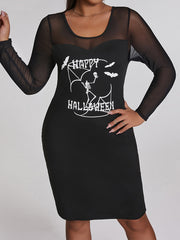 Halloween Party Dress Women's Plus Skull & Bat Print Mesh Dress