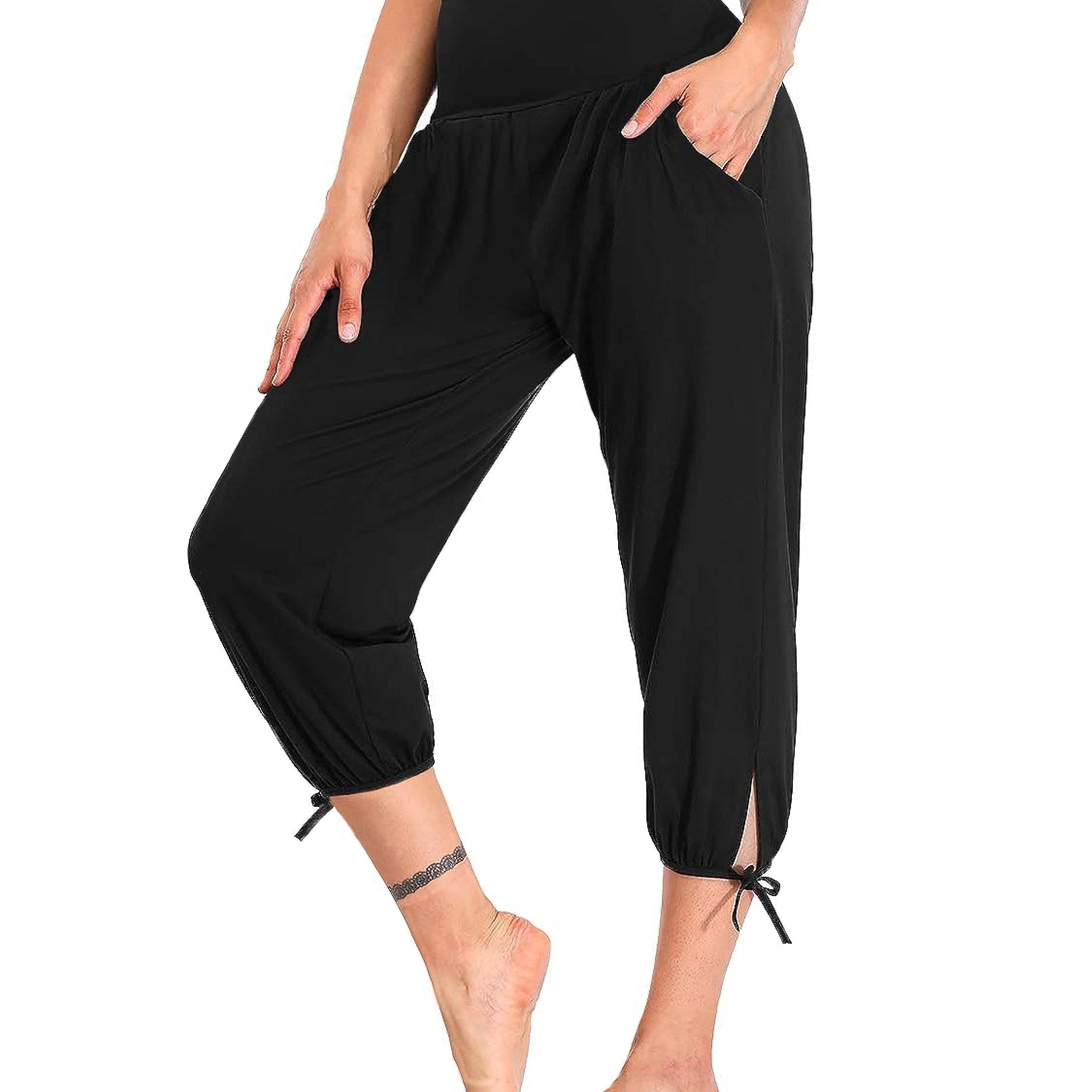 Solid Lace Up Cropped Pants Loose High Stretch Running Pants Women's Activewear