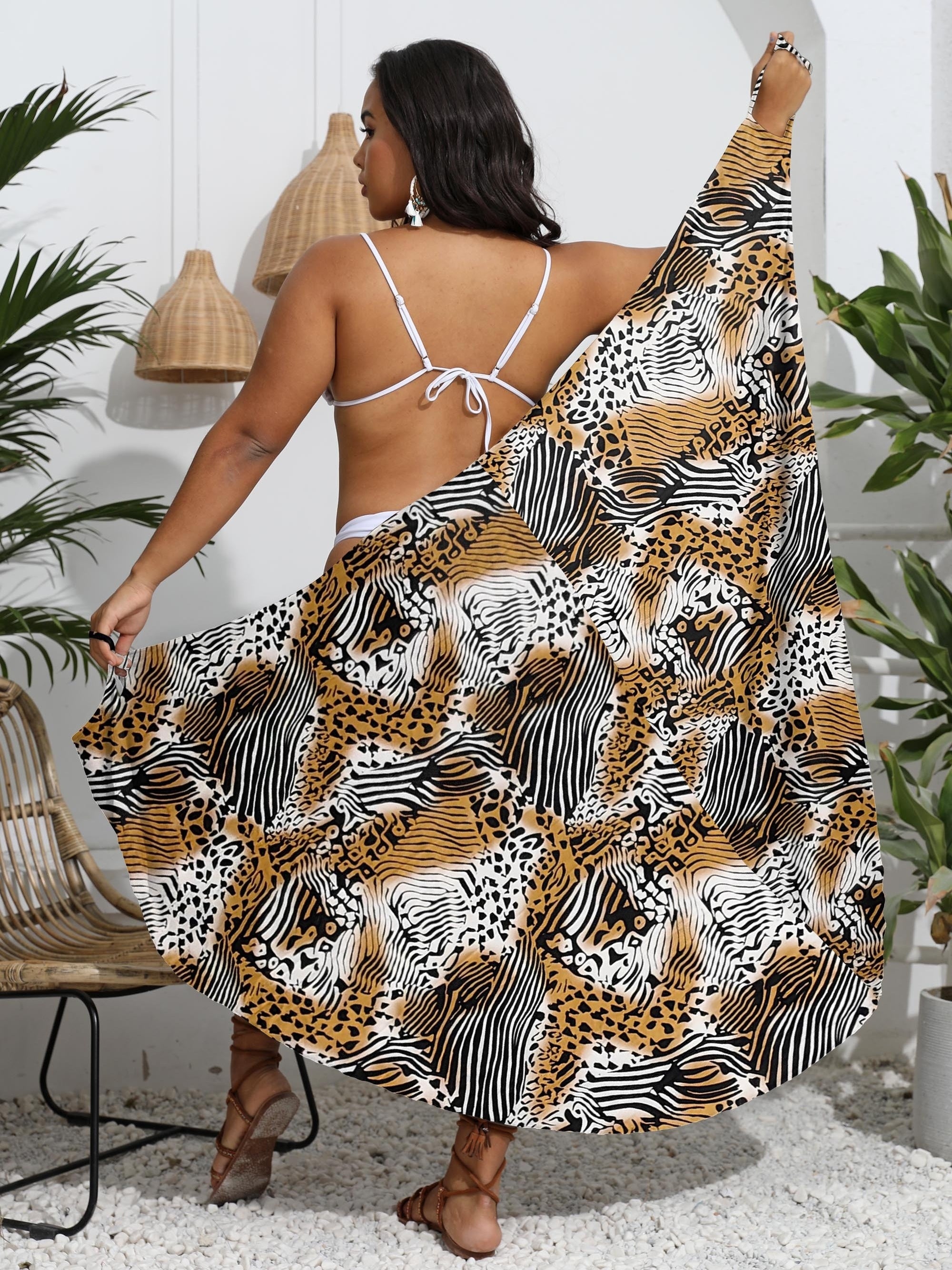 Sexy Cover Up Dress Women's Plus Leopard Print Medium Stretch Wrap