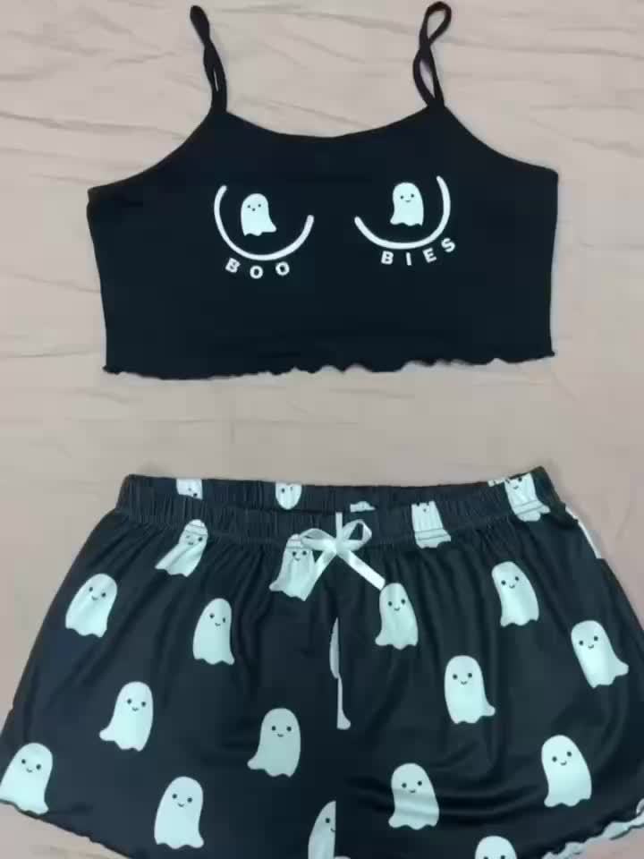 Ghost Print Pajama Set Crew Neck Cami Top & Shorts