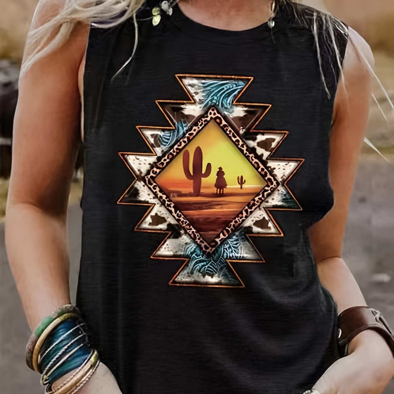 Cactus Print Tank Top Crew Neck Knitted All Season Women's Clothing