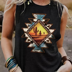Cactus Print Tank Top Crew Neck Knitted All Season Women's Clothing