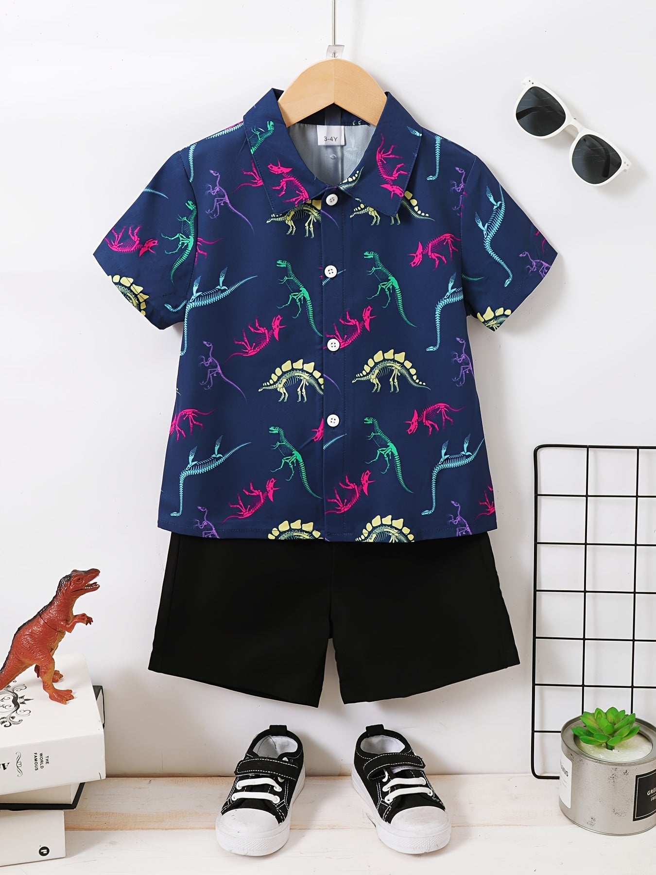 Boys Dinosaur Print Short Sleeve Shirt & Shorts Set for Summer