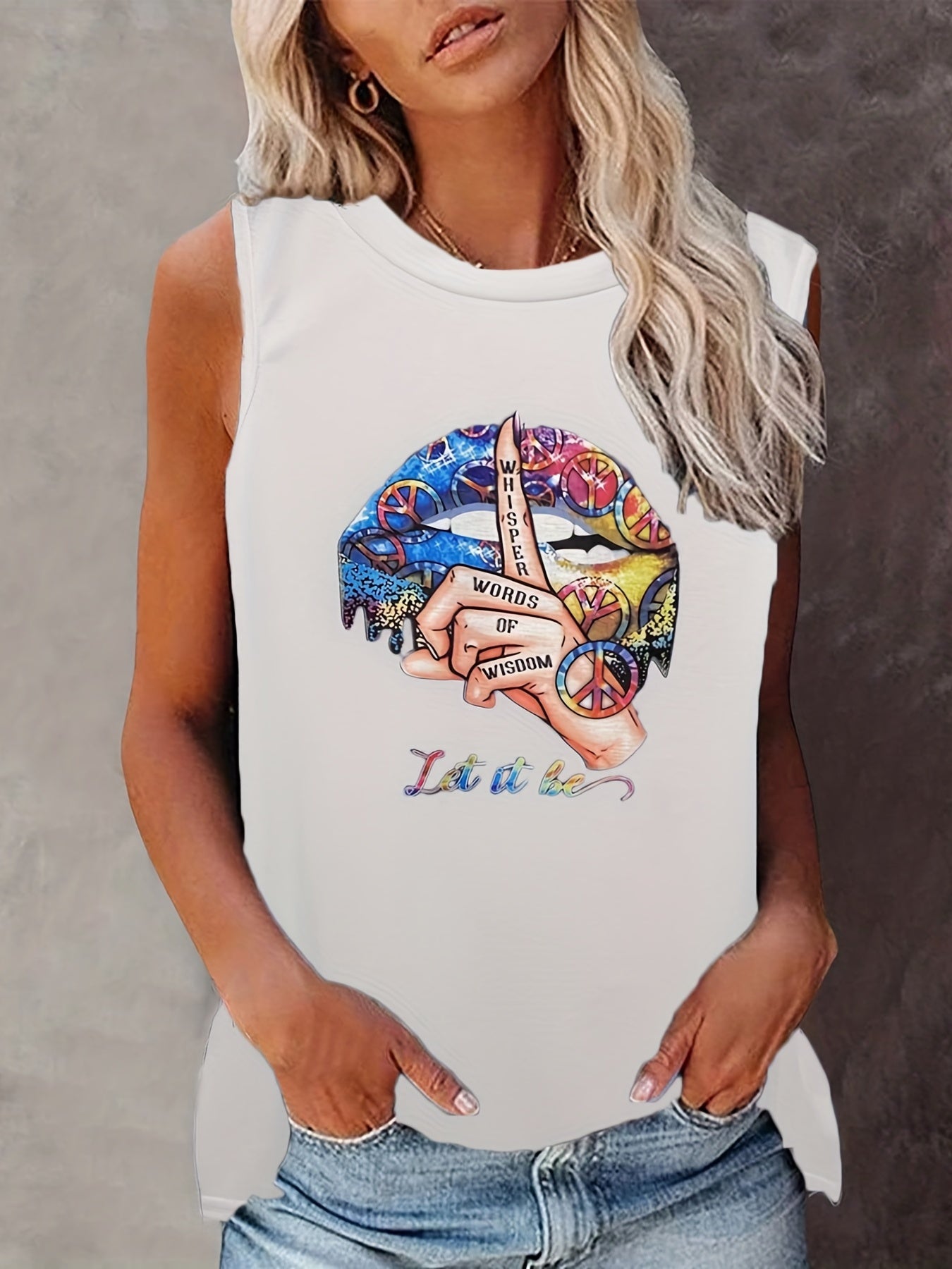 Vintage Lips & Hand Print Tank Top Crew Neck Summer Tank Top