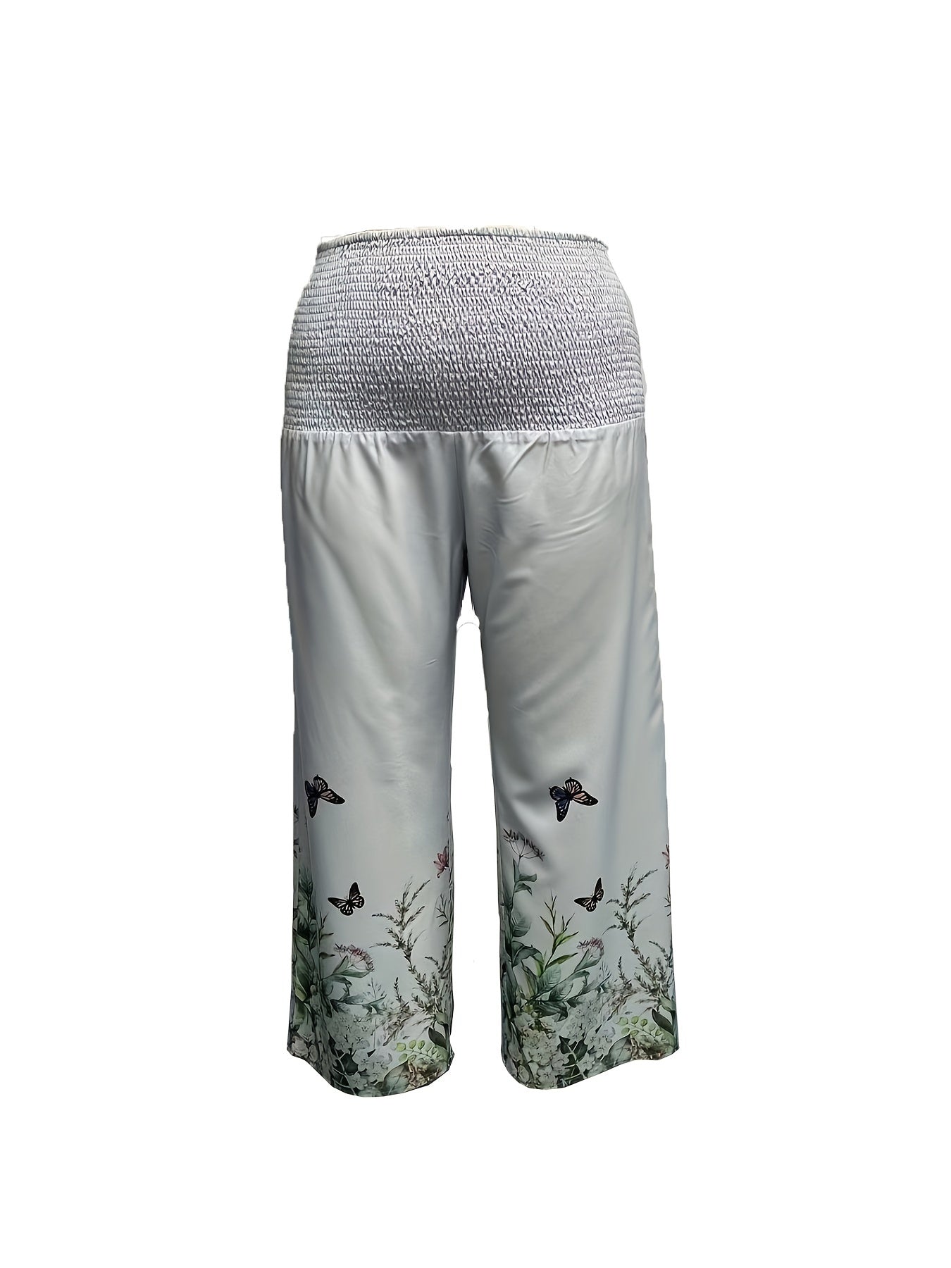 Floral & Butterfly Print High Waist Wide Leg Ribbed Pants