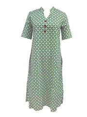 Button Front Allover Print Dress Casual Short Sleeve Dress