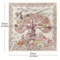 Vintage Tree Print Bandana Beige Square Scarf Boho Satin Neckerchief