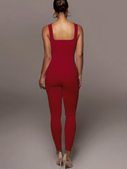 Ribbed Square Neck Jumpsuit Sexy Sleeveless Jumpsuit