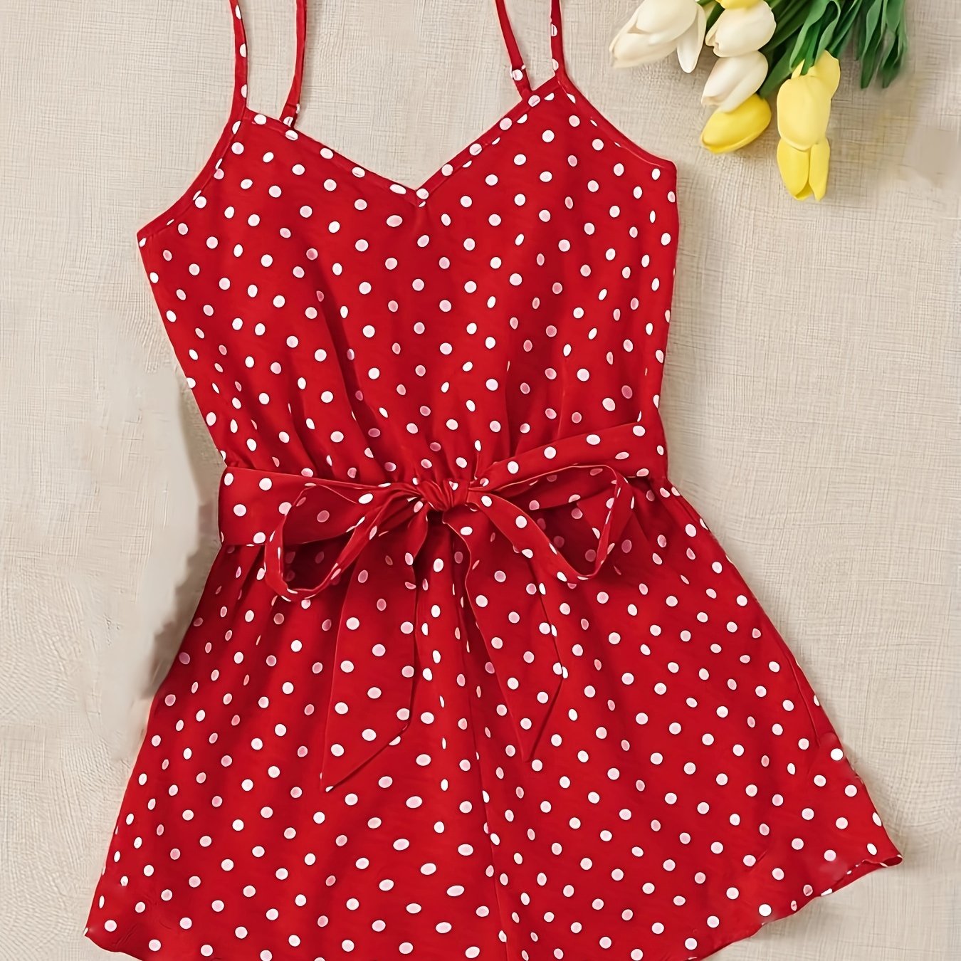 Polka Dot Print Romper Jumpsuit V Neck Tie Waist