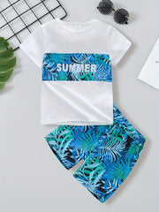Boys Leaf Print Set Short Sleeve & Shorts Summer Style Casual Kids Clothes