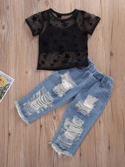 Girls Cami Top & Star Print T-shirt & Jeans Set