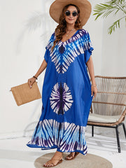 Boho Tie Dye Batwing Sleeve V Neck Maxi Cover Up Dress