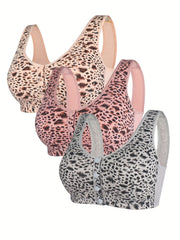 3pcs Leopard Print Wireless Bras Comfy & Breathable Everyday Bra