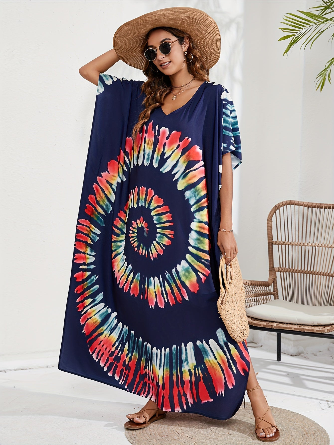Boho Cover Up Spiral Tie Dye Batwing Sleeve V Neck Split