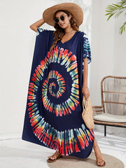 Boho Cover Up Spiral Tie Dye Batwing Sleeve V Neck Split