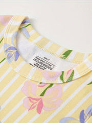 Girl's 2pcs Pajama Set Floral Stripe Print Loungewear 100% Cotton