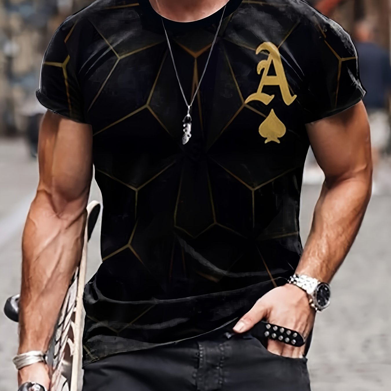 Men's Spade A Print Sports T-shirt Round Neck Tee Shirt