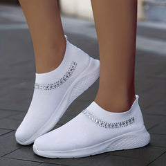 Women's Breathable Knit Sneakers Low Top Faux Rhinestone Casual Shoes
