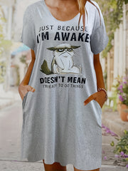 Slogan & Cartoon Cat Print Tee Dress With Pockets