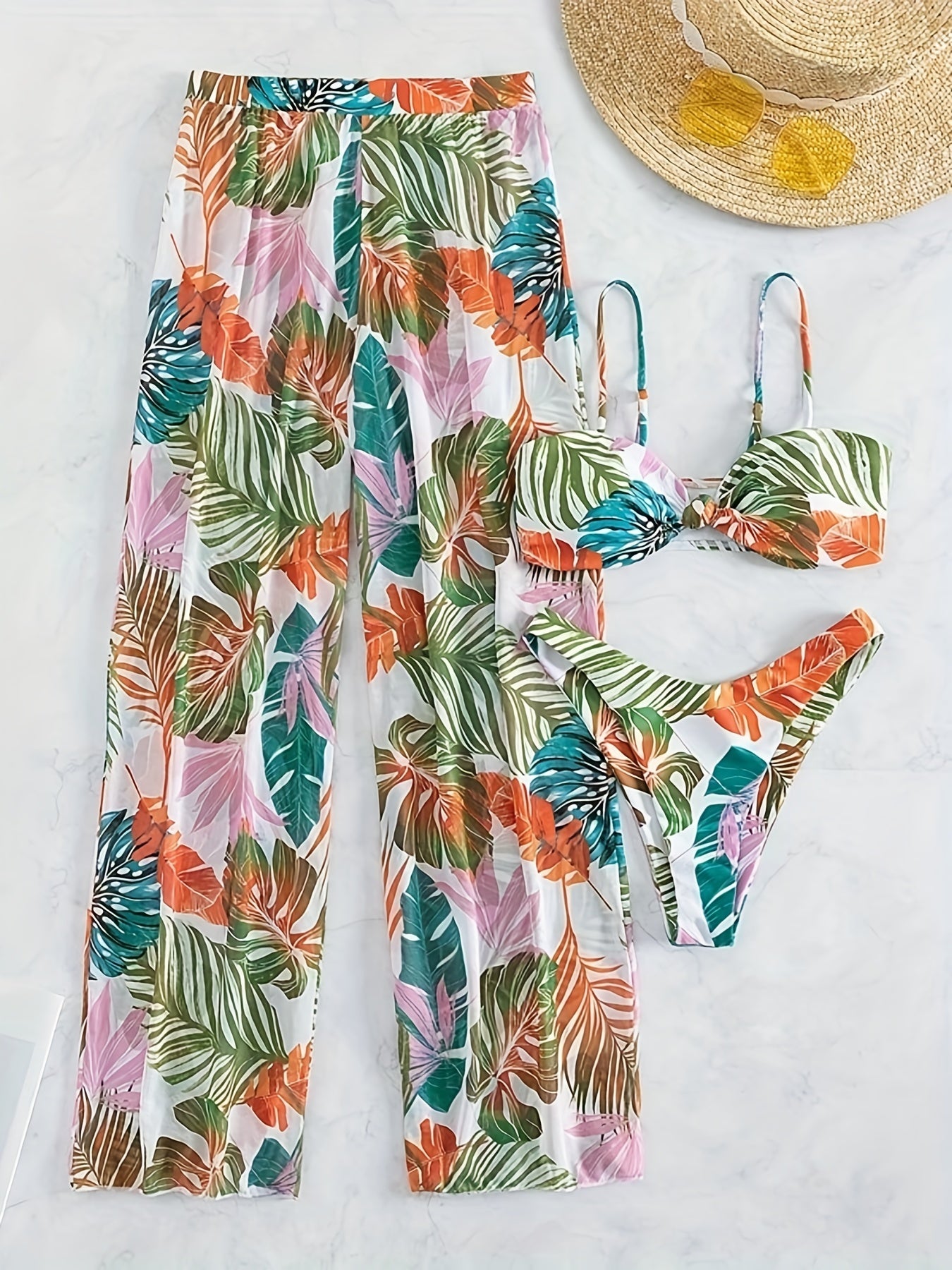 Leaf Print Spaghetti Strap 3 Piece Swimsuit & Cover Up Pants