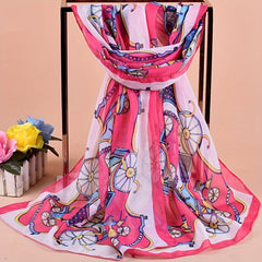 Vintage Thin Chiffon Scarf with Carriage Print Shawl