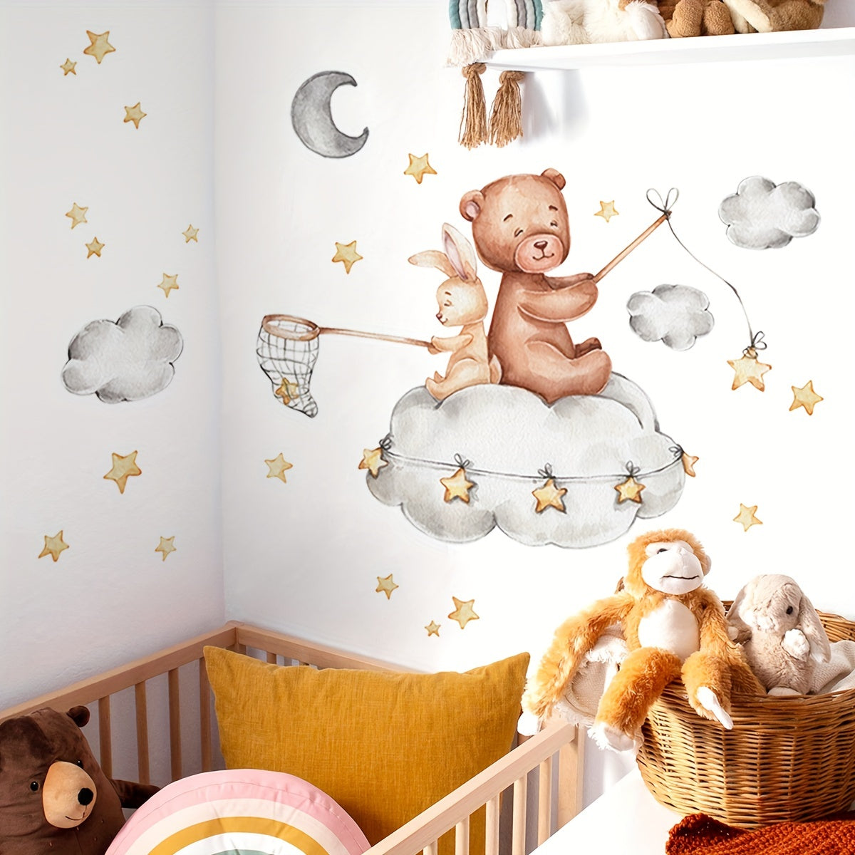 Bear and Bunny Nursery Decor Vinyl Wall Stickers with Stars and Clouds