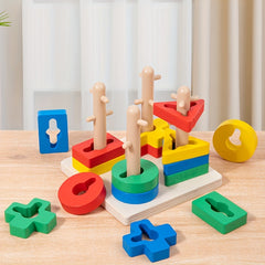 Wooden Geometric Shape Sorter Puzzle with Stacking Rings