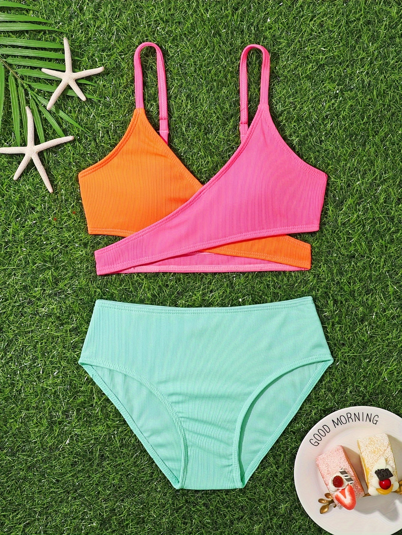Girls Splicing Top Solid Briefs Bikini Set Beach Vacation Gift