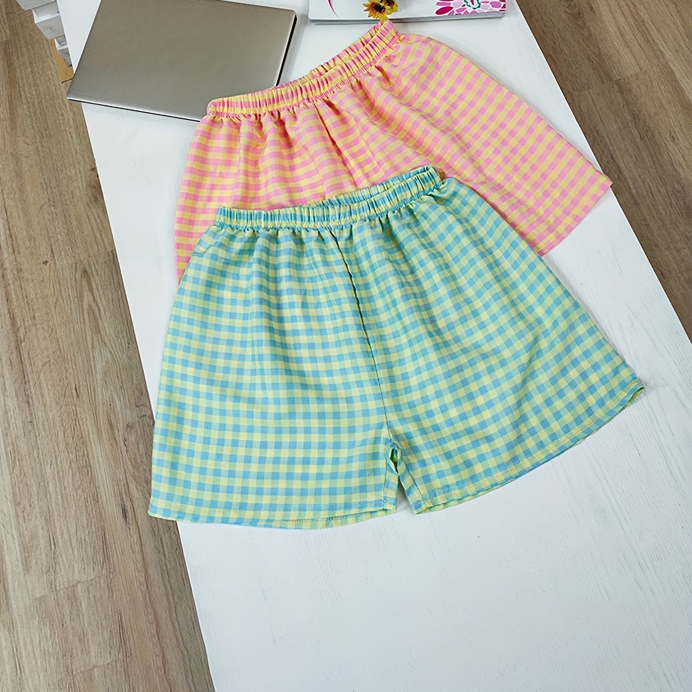 2pcs Plaid Lounge Shorts Soft Elastic Waistband Womens Loungewear