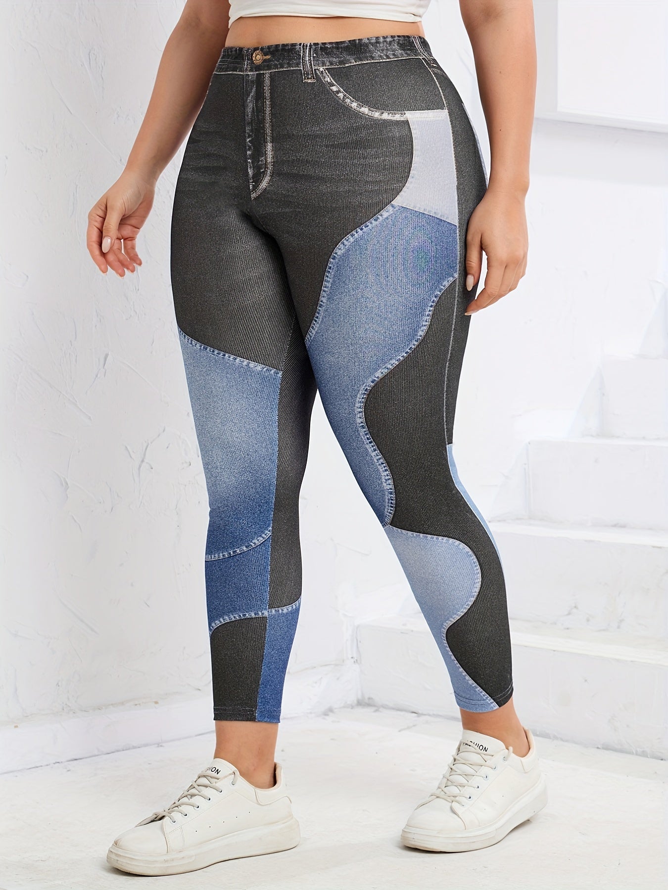 Denim Print Colorblock High Rise Leggings Plus Size Women Jeggings