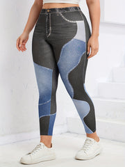 Denim Print Colorblock High Rise Leggings Plus Size Women Jeggings
