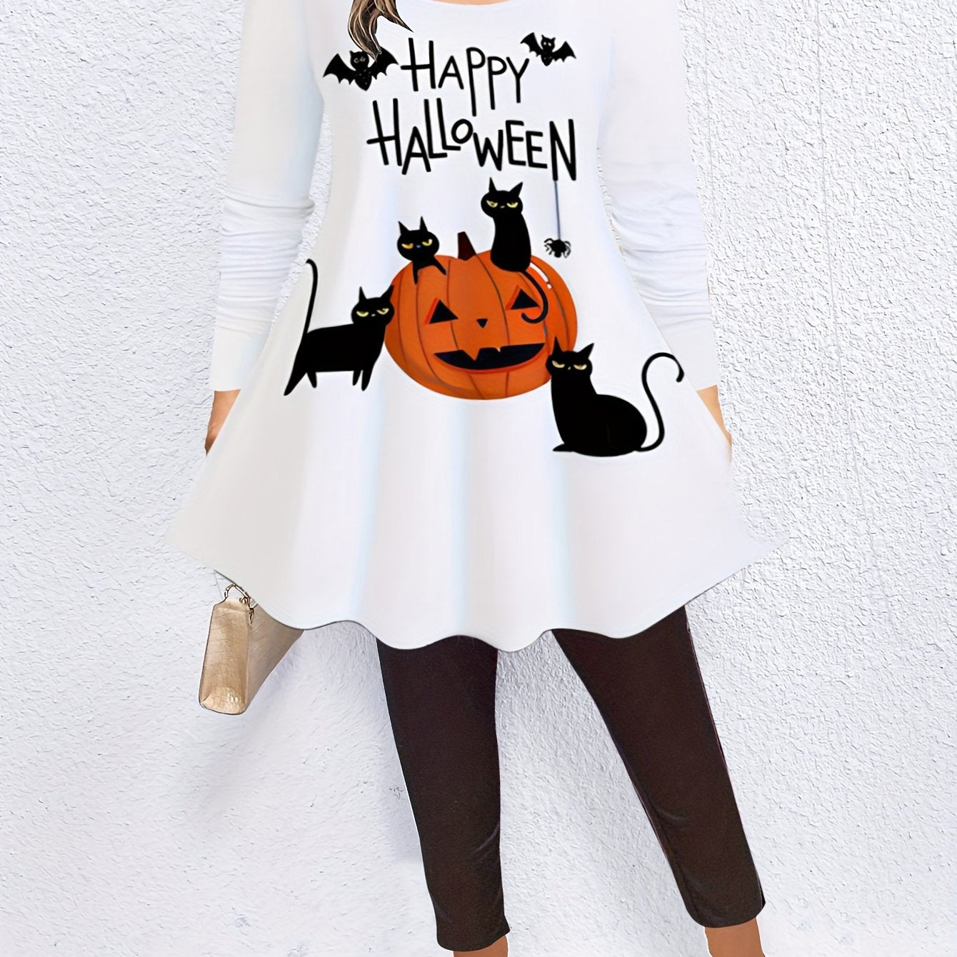 Women's Plus Pumpkin & Cat Print Long Sleeve Tunic Top & Leggings Set