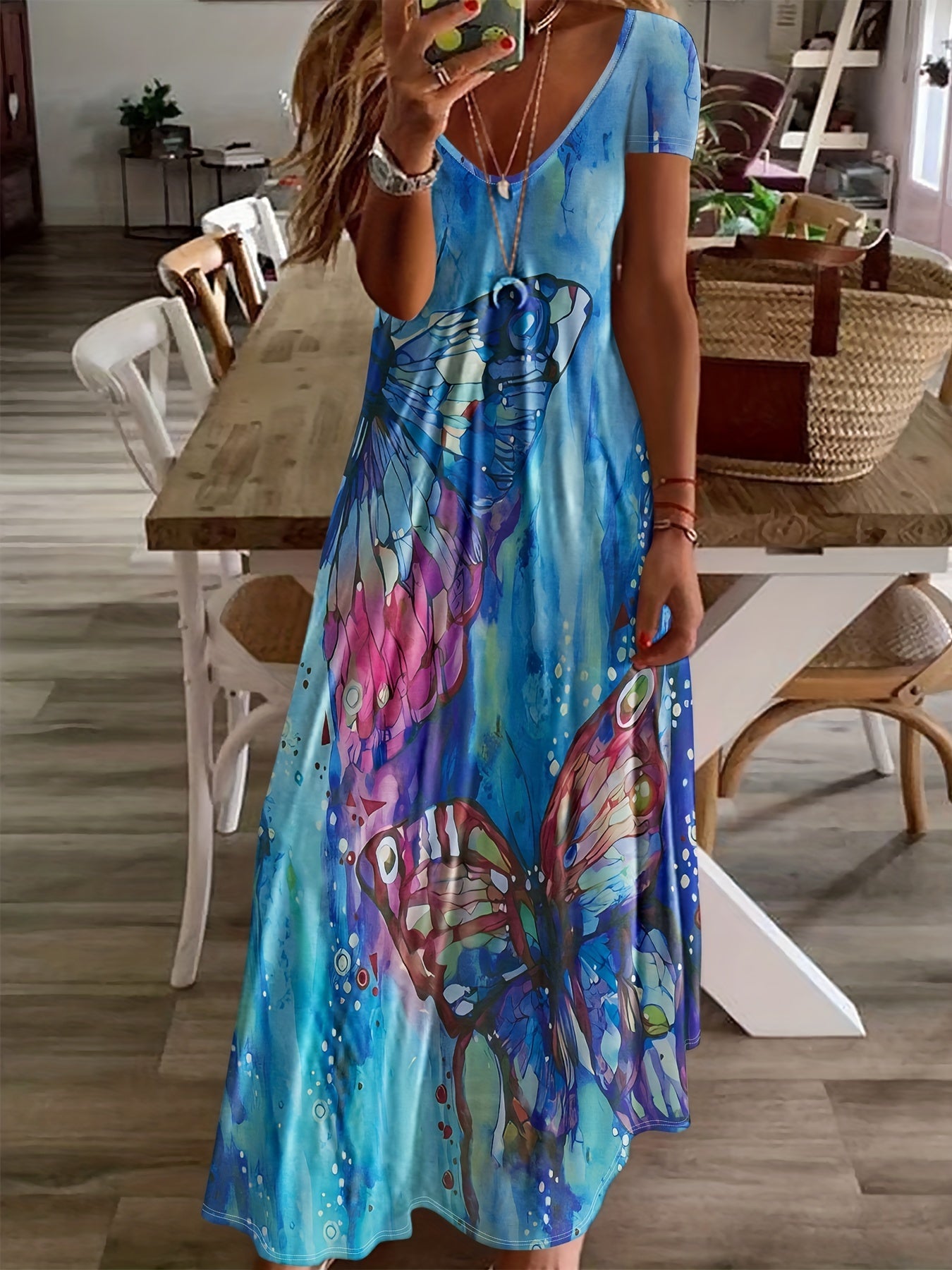 Butterfly Print V Neck Dress Short Sleeve Casual Dress for Spring & Summer