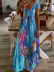 Butterfly Print V Neck Dress Short Sleeve Casual Dress for Spring & Summer