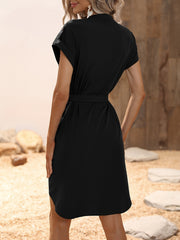 Solid Belted V Neck Dress Short Sleeve Dress Spring & Summer Women's Clothing